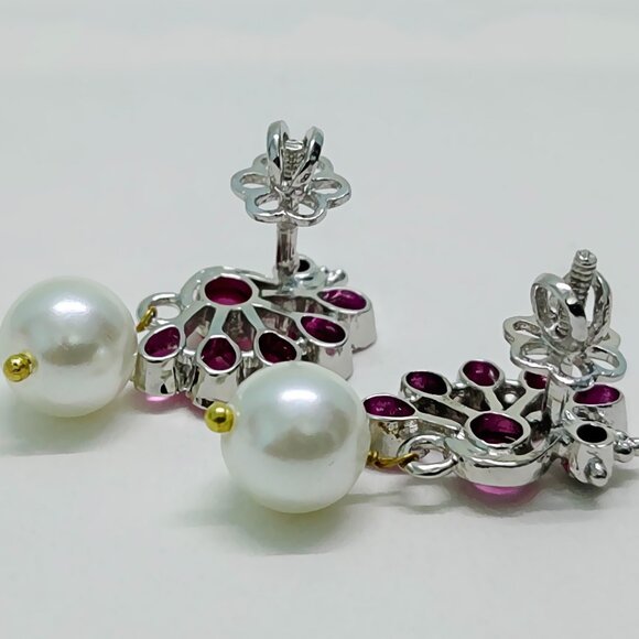 Sterling Silver Peacock Shape Indian Embedded Ruby & Pearl Handmade Earrings - Picture 4 of 4